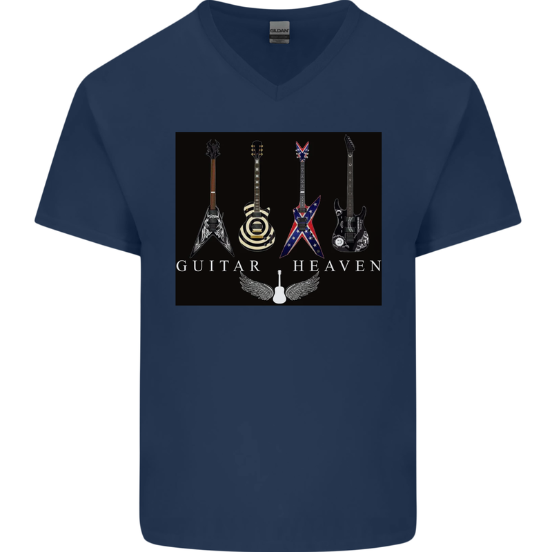 Guitar Heaven Guitarist Electric Acoustic Mens V-Neck Cotton T-Shirt Navy Blue