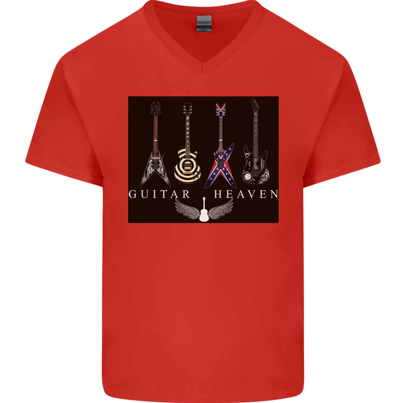 Guitar Heaven Guitarist Electric Acoustic Mens V-Neck Cotton T-Shirt Red