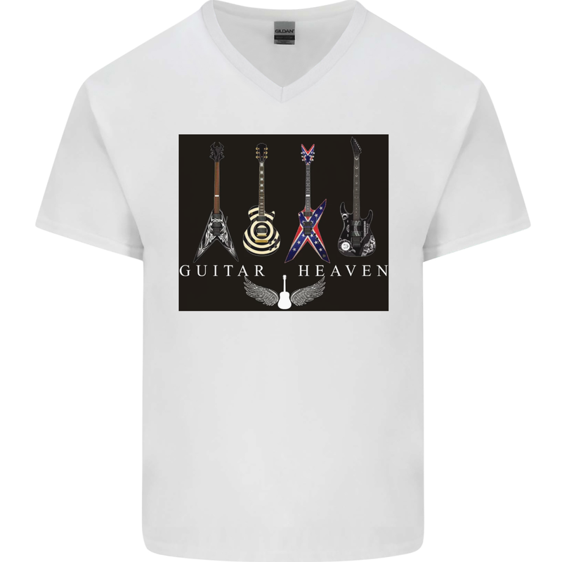 Guitar Heaven Guitarist Electric Acoustic Mens V-Neck Cotton T-Shirt White