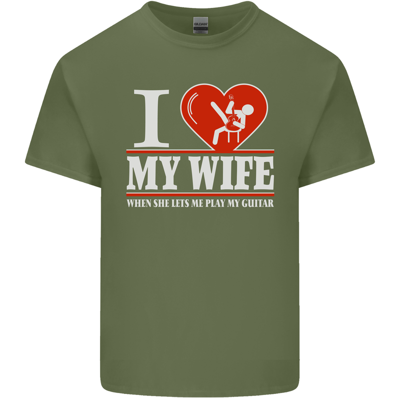 Guitar I Love My Wife Guitarist Electric Mens Cotton T-Shirt Tee Top Military Green