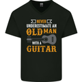 Guitar Never Underestimate Old Man Mens V-Neck Cotton T-Shirt Black