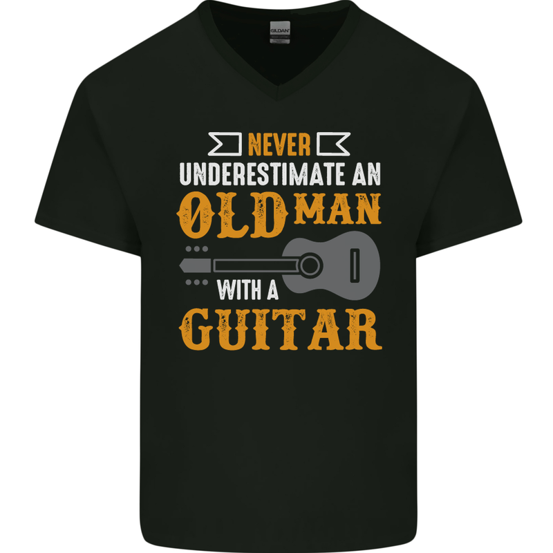 Guitar Never Underestimate Old Man Mens V-Neck Cotton T-Shirt Black