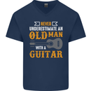 Guitar Never Underestimate Old Man Mens V-Neck Cotton T-Shirt Navy Blue