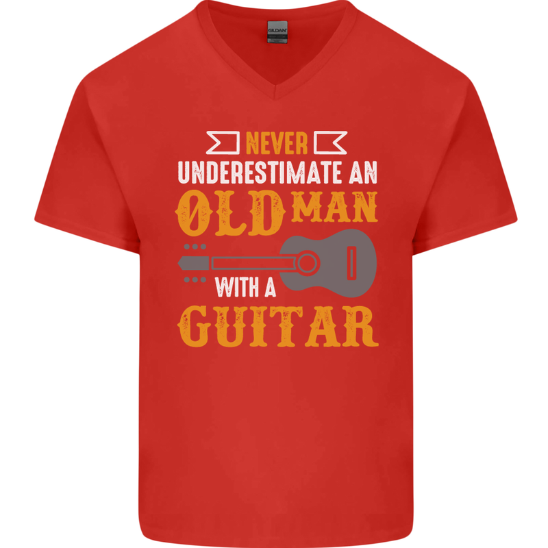 Guitar Never Underestimate Old Man Mens V-Neck Cotton T-Shirt Red