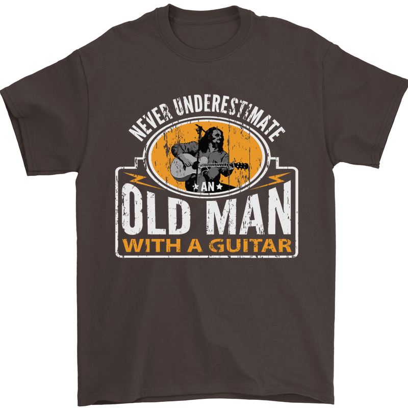 Guitar Never Underestimate an Old Man Mens T-Shirt Cotton Gildan Dark Chocolate