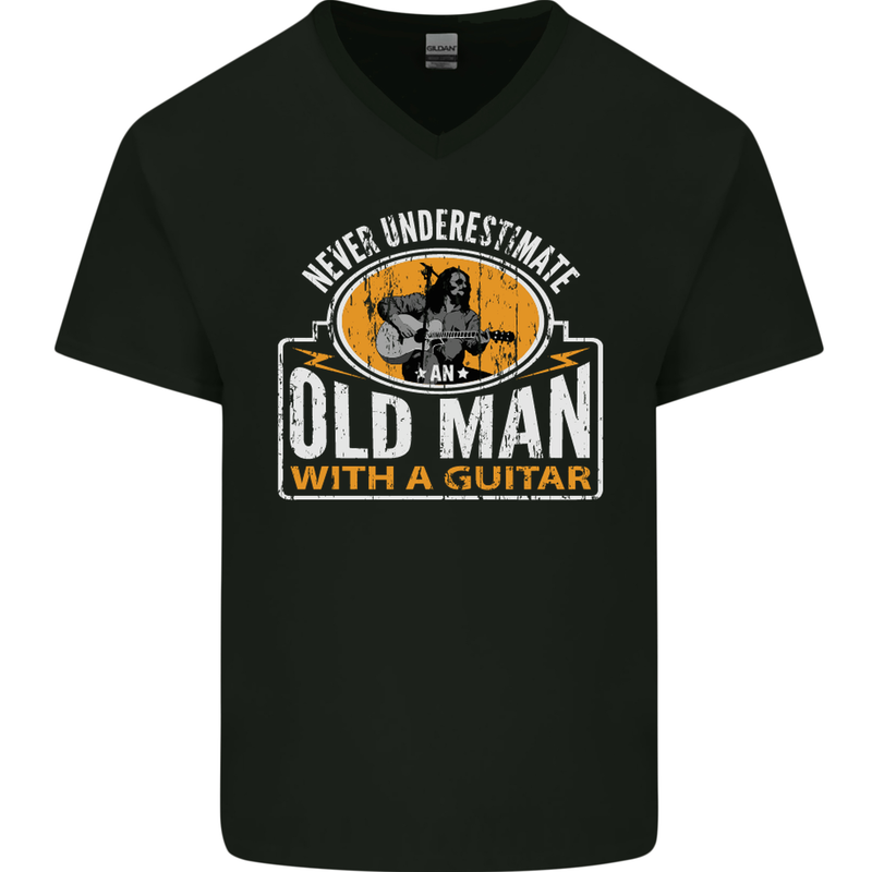 Guitar Never Underestimate an Old Man Mens V-Neck Cotton T-Shirt Black