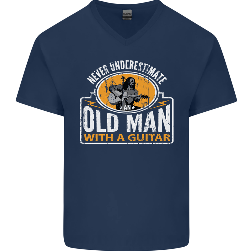 Guitar Never Underestimate an Old Man Mens V-Neck Cotton T-Shirt Navy Blue