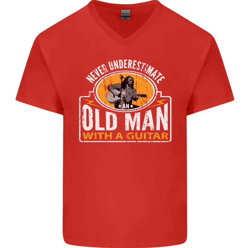 Guitar Never Underestimate an Old Man Mens V-Neck Cotton T-Shirt Red