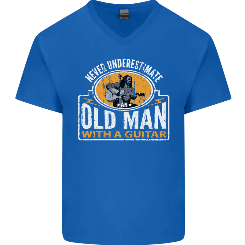 Guitar Never Underestimate an Old Man Mens V-Neck Cotton T-Shirt Royal Blue