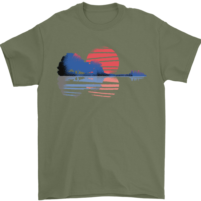 Guitar Reflection Guitarist Acoustic Bass Mens T-Shirt Cotton Gildan Military Green