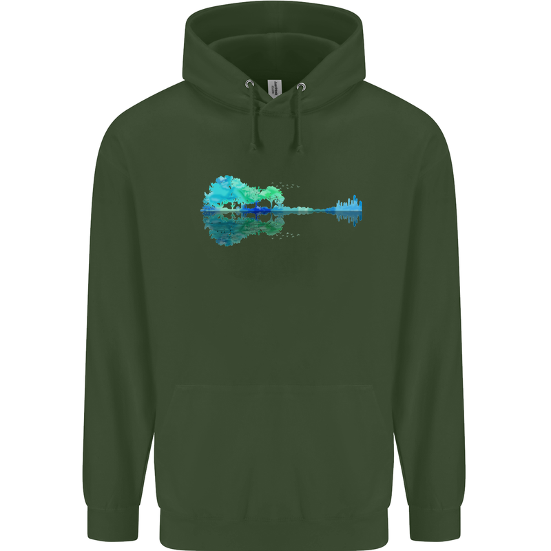 Guitar Reflection Guitarist Bass Acoustic Childrens Kids Hoodie Forest Green