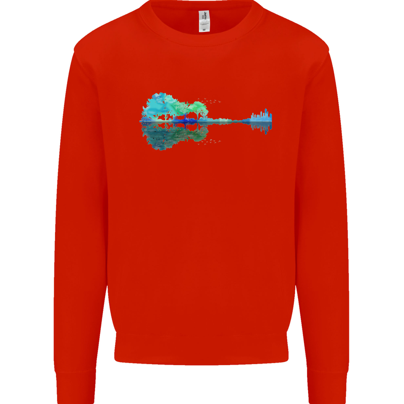 Guitar Reflection Guitarist Bass Acoustic Mens Sweatshirt Jumper Bright Red
