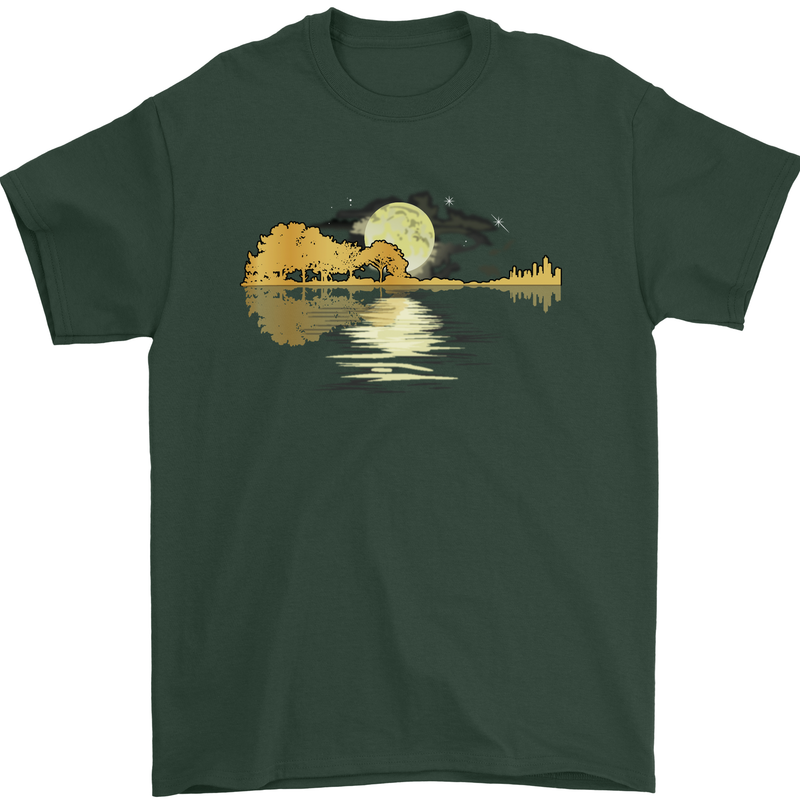 Guitar Reflection Guitarist Bass Acoustic Mens T-Shirt Cotton Gildan Forest Green