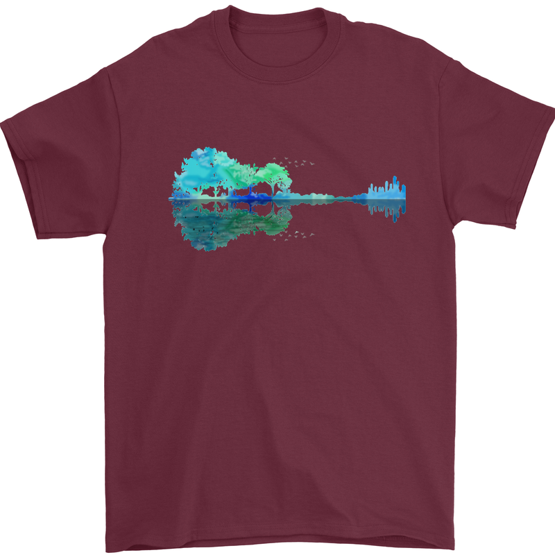 Guitar Reflection Guitarist Bass Acoustic Mens T-Shirt Cotton Gildan Maroon