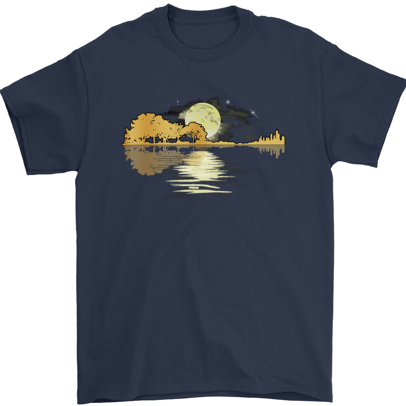Guitar Reflection Guitarist Bass Acoustic Mens T-Shirt Cotton Gildan Navy Blue