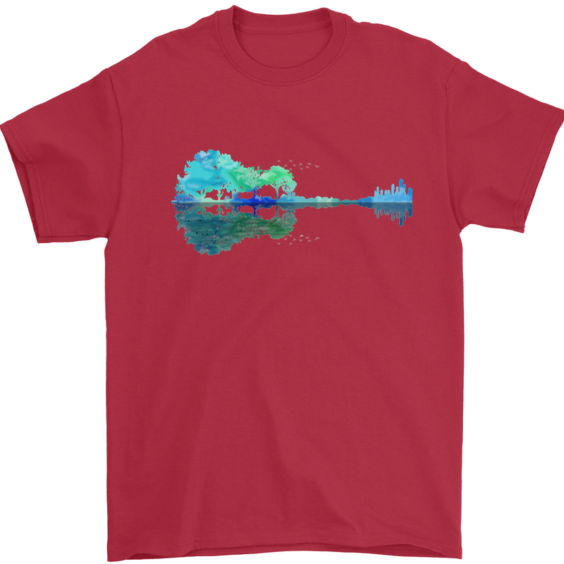 Guitar Reflection Guitarist Bass Acoustic Mens T-Shirt Cotton Gildan Red