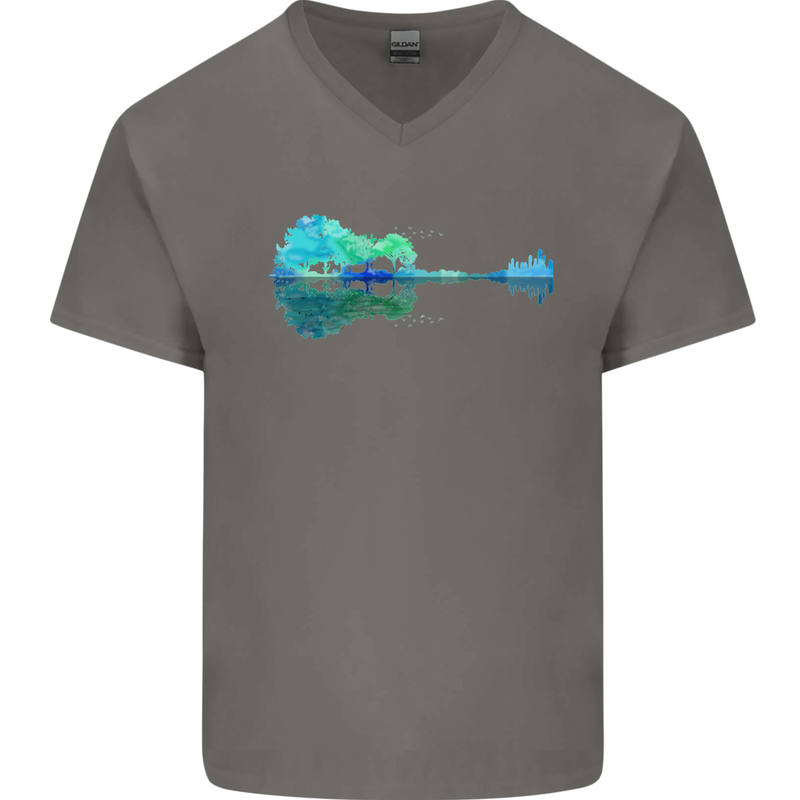Guitar Reflection Guitarist Bass Acoustic Mens V-Neck Cotton T-Shirt Charcoal