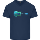 Guitar Reflection Guitarist Bass Acoustic Mens V-Neck Cotton T-Shirt Navy Blue