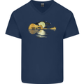 Guitar Reflection Guitarist Bass Acoustic Mens V-Neck Cotton T-Shirt Navy Blue