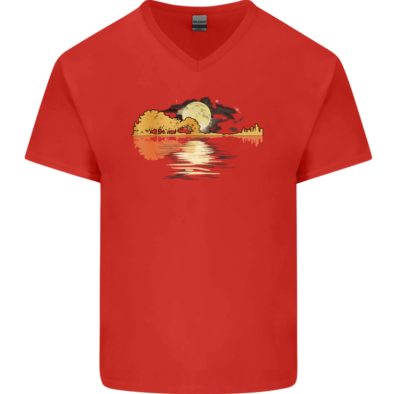 Guitar Reflection Guitarist Bass Acoustic Mens V-Neck Cotton T-Shirt Red