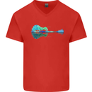 Guitar Reflection Guitarist Bass Acoustic Mens V-Neck Cotton T-Shirt Red