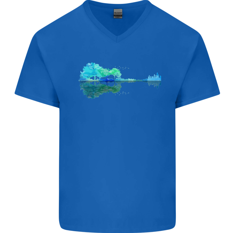 Guitar Reflection Guitarist Bass Acoustic Mens V-Neck Cotton T-Shirt Royal Blue