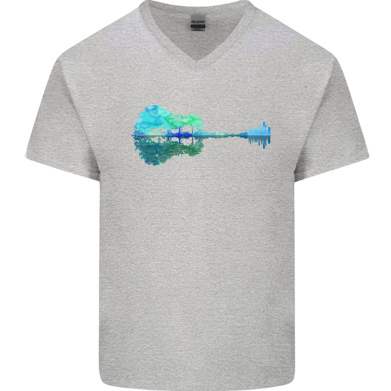 Guitar Reflection Guitarist Bass Acoustic Mens V-Neck Cotton T-Shirt Sports Grey