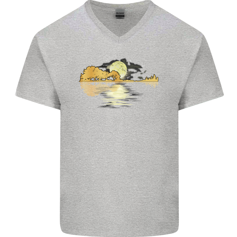 Guitar Reflection Guitarist Bass Acoustic Mens V-Neck Cotton T-Shirt Sports Grey