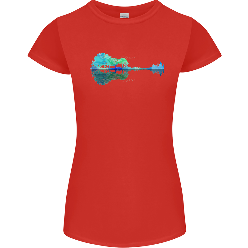 Guitar Reflection Guitarist Bass Acoustic Womens Petite Cut T-Shirt Red