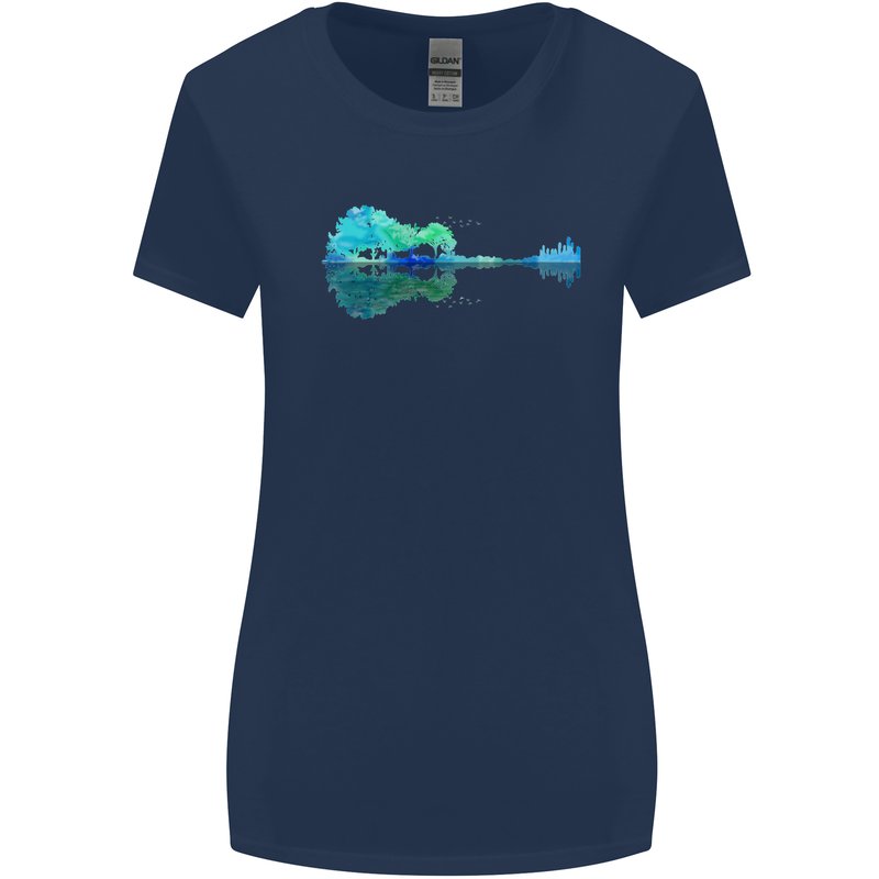 Guitar Reflection Guitarist Bass Acoustic Womens Wider Cut T-Shirt Navy Blue