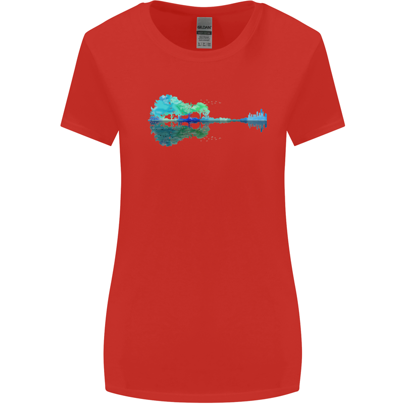 Guitar Reflection Guitarist Bass Acoustic Womens Wider Cut T-Shirt Red
