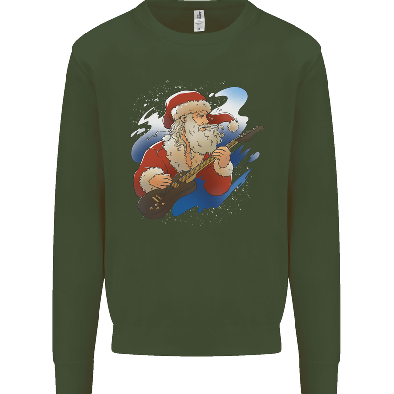 Guitar Santa Funny Christmas Rock n Roll Kids Sweatshirt Jumper Forest Green