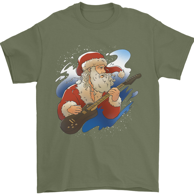 Guitar Santa Funny Christmas Rock n Roll Mens T-Shirt 100% Cotton Military Green