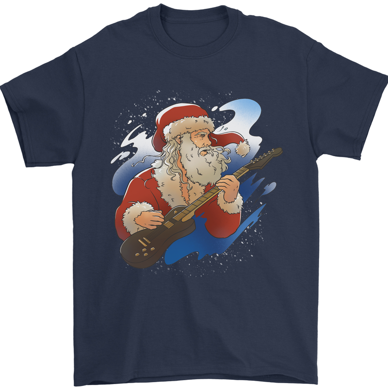 Guitar Santa Funny Christmas Rock n Roll Mens T-Shirt 100% Cotton Navy Blue