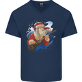 Guitar Santa Funny Christmas Rock n Roll Mens V-Neck Cotton T-Shirt Navy Blue