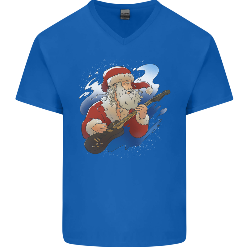 Guitar Santa Funny Christmas Rock n Roll Mens V-Neck Cotton T-Shirt Royal Blue