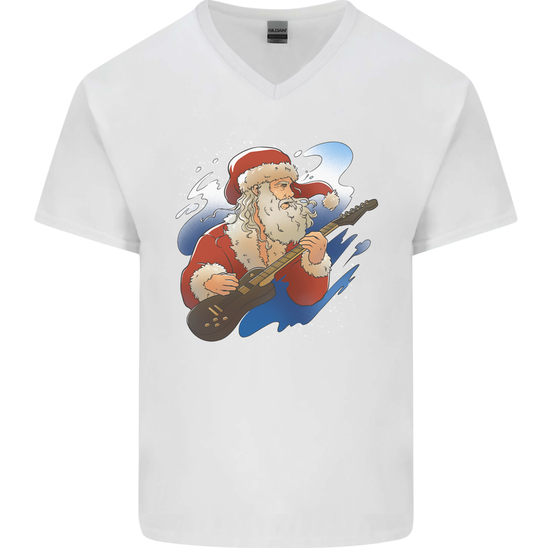 Guitar Santa Funny Christmas Rock n Roll Mens V-Neck Cotton T-Shirt White