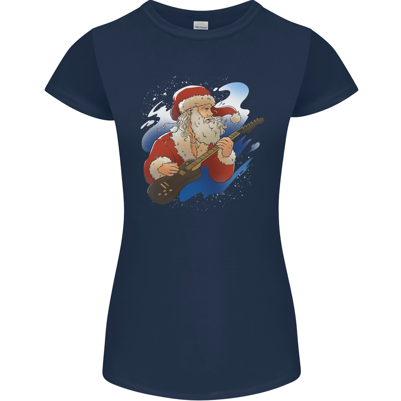 Guitar Santa Funny Christmas Rock n Roll Womens Petite Cut T-Shirt Navy Blue