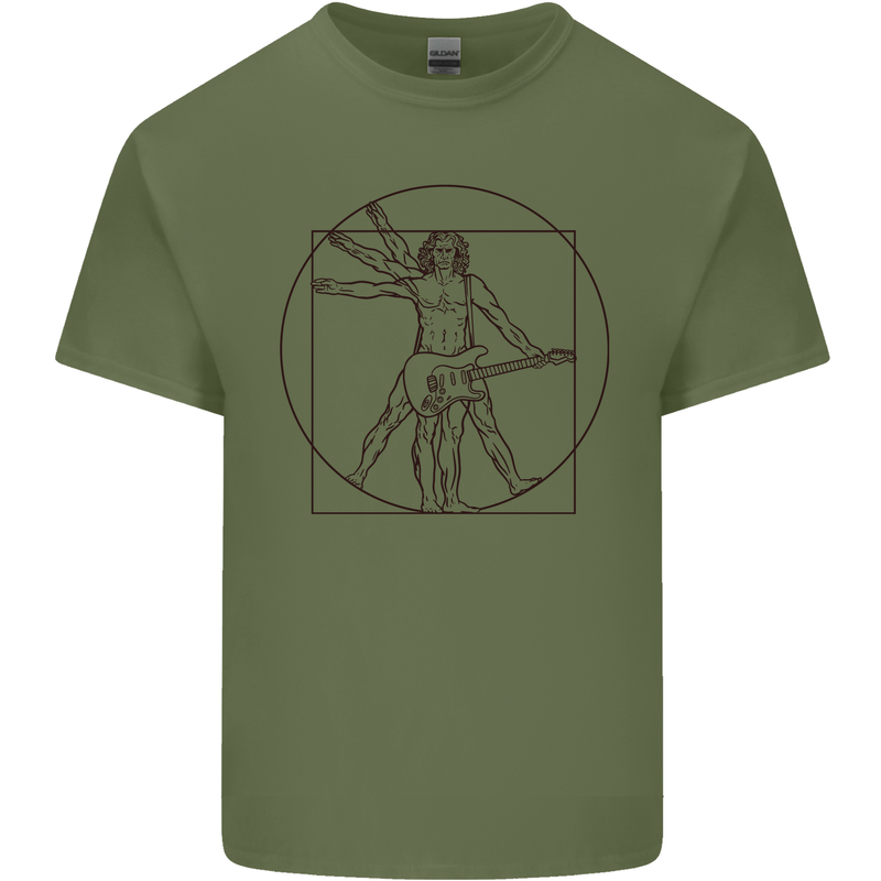 Guitar Vitruvian Man Guitarist Mens Cotton T-Shirt Tee Top Military Green