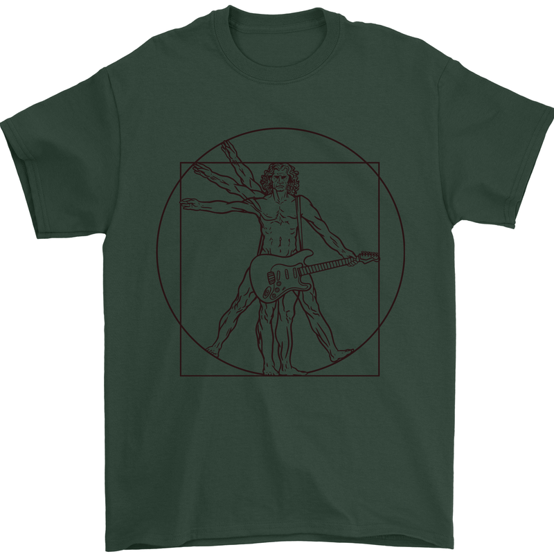 Guitar Vitruvian Man Guitarist Mens T-Shirt Cotton Gildan Forest Green