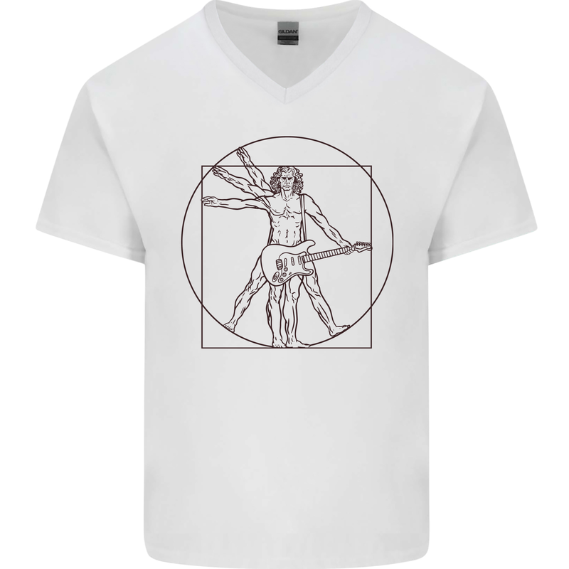 Guitar Vitruvian Man Guitarist Mens V-Neck Cotton T-Shirt White
