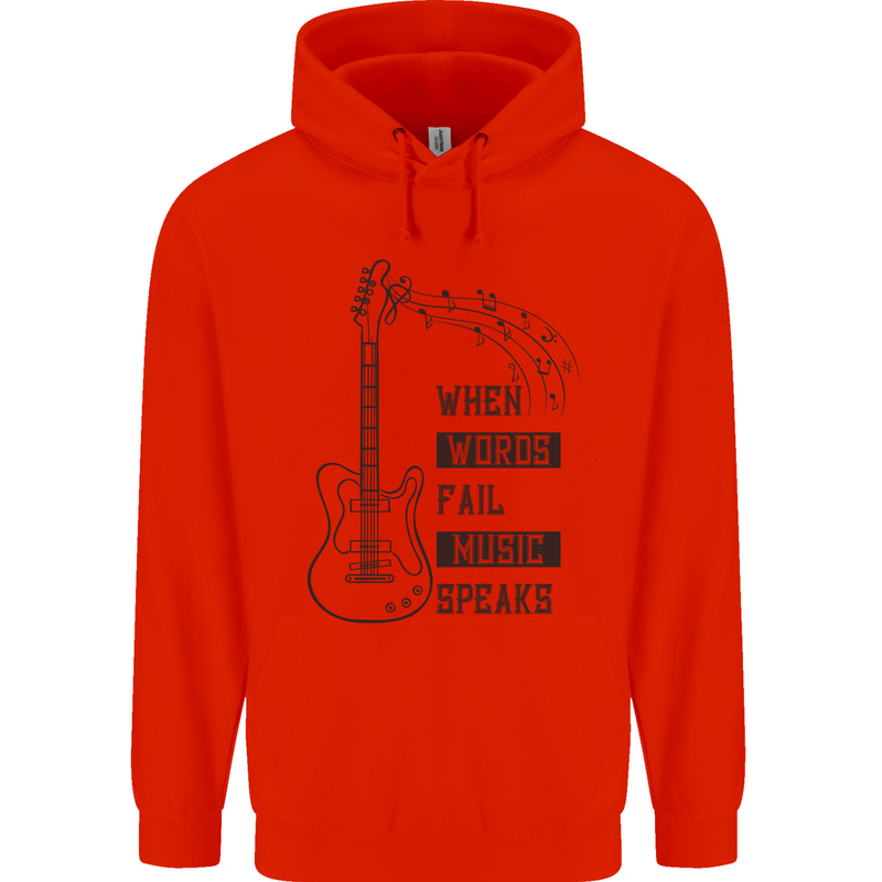 Guitar When Words Fail Music Speaks Childrens Kids Hoodie Bright Red