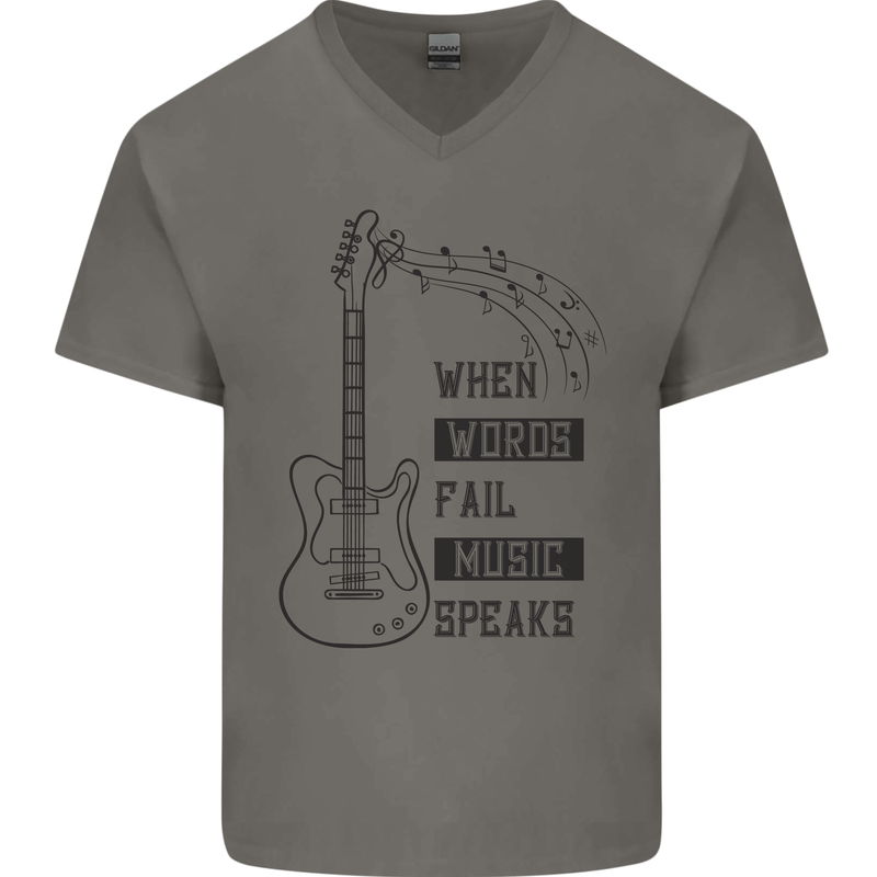 Guitar When Words Fail Music Speaks Mens V-Neck Cotton T-Shirt Charcoal