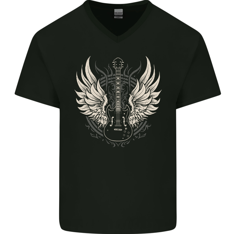Guitar Wings Rock n Roll Music Heavy Metal Mens V-Neck Cotton T-Shirt Black
