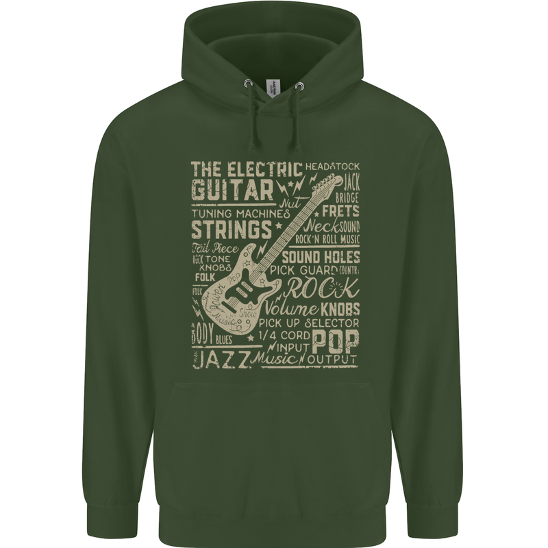 Guitar Word Art Guitarist Electric Acoustic Childrens Kids Hoodie Forest Green