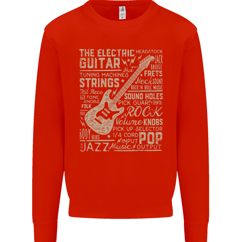 Guitar Word Art Guitarist Electric Acoustic Kids Sweatshirt Jumper Bright Red