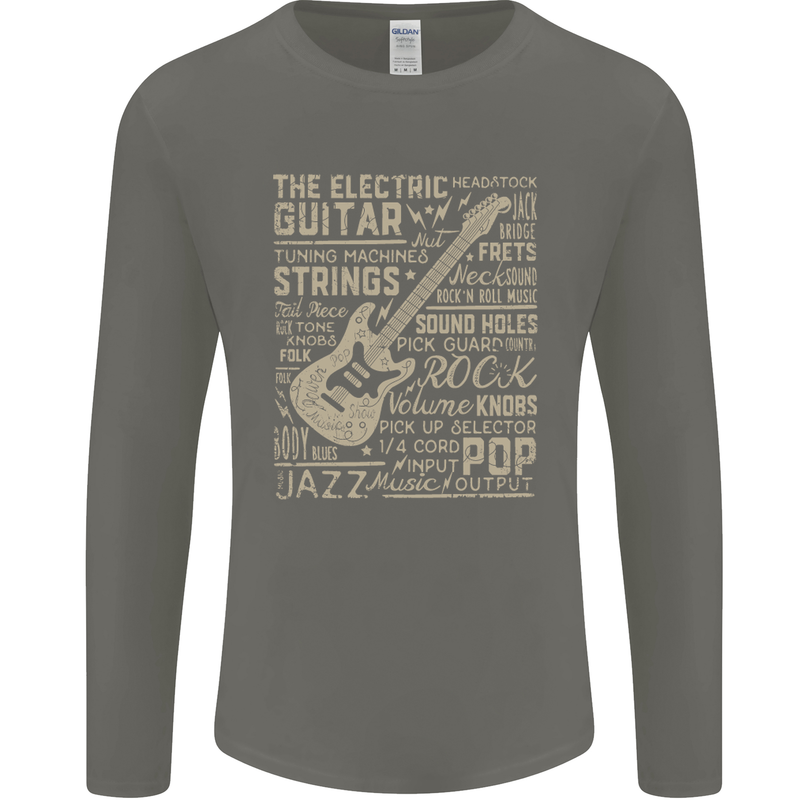 Guitar Word Art Guitarist Electric Acoustic Mens Long Sleeve T-Shirt Charcoal