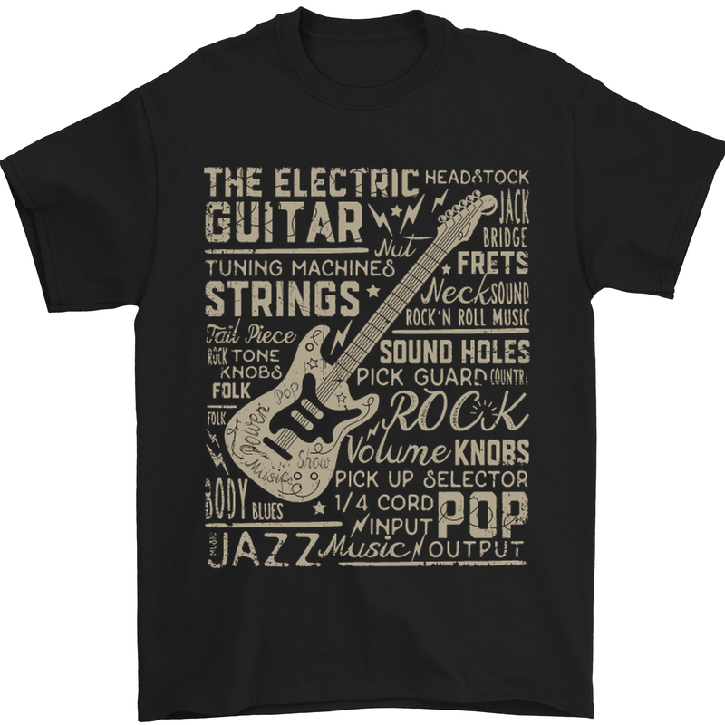 Guitar Word Art Guitarist Electric Acoustic Mens T-Shirt Cotton Gildan Black