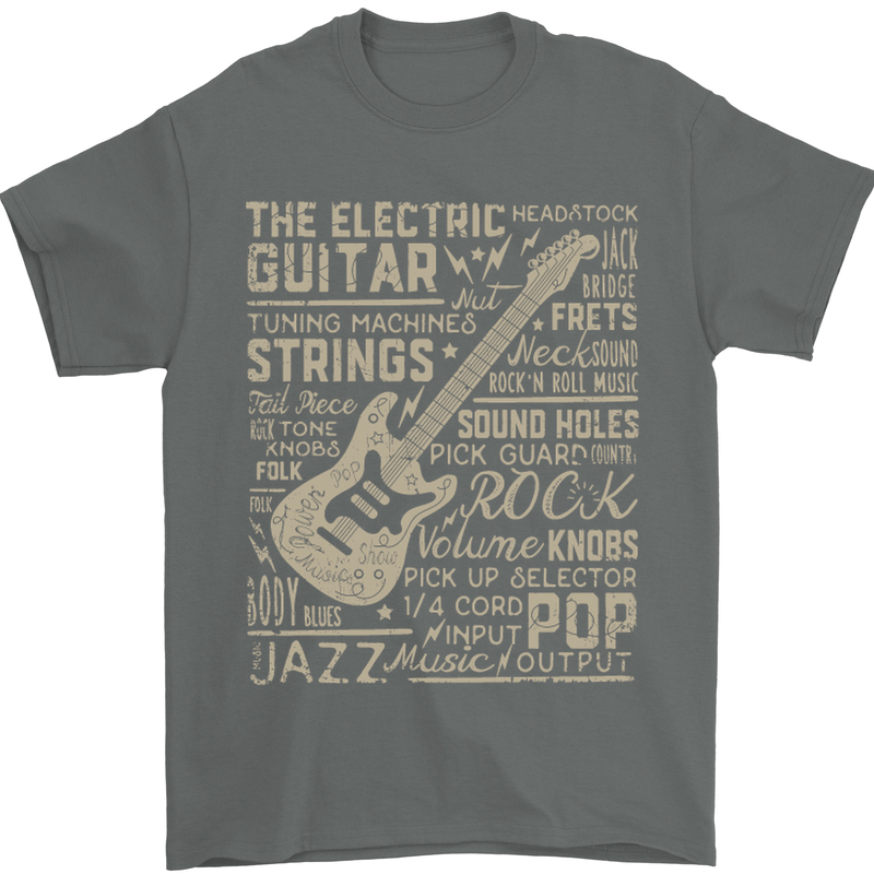 Guitar Word Art Guitarist Electric Acoustic Mens T-Shirt Cotton Gildan Charcoal