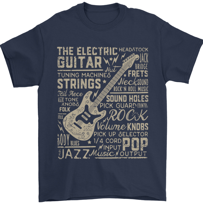 Guitar Word Art Guitarist Electric Acoustic Mens T-Shirt Cotton Gildan Navy Blue
